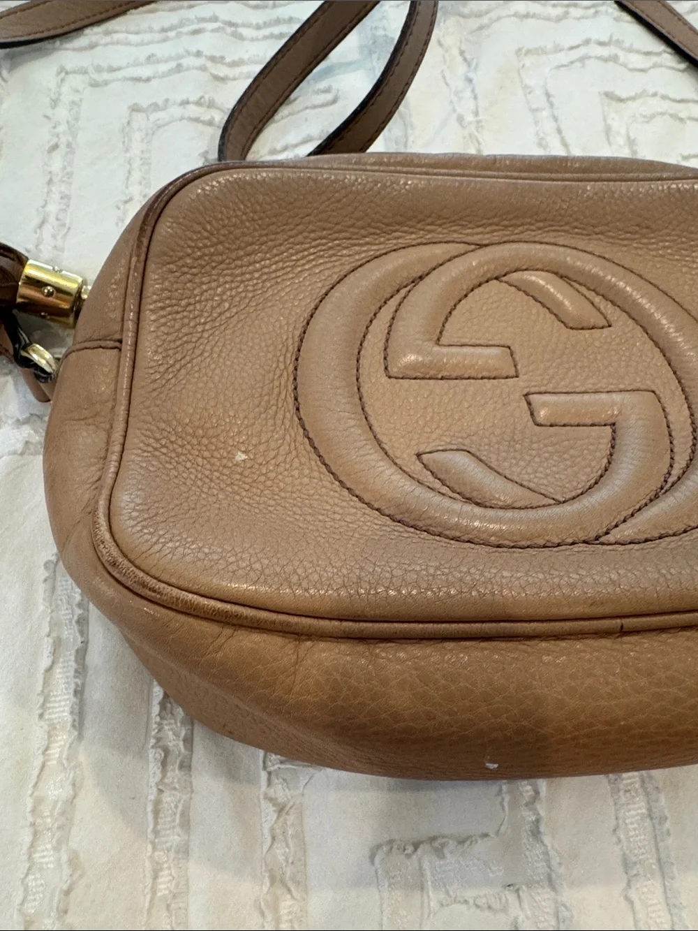 Gucci Tan Pebbled Leather Crossbody with Tassel